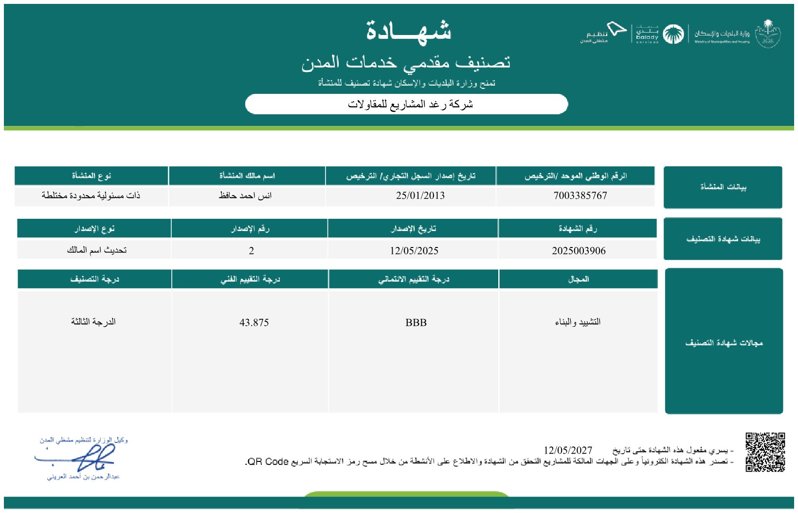 شهادة تصنيف مقدمي خدمات المدن